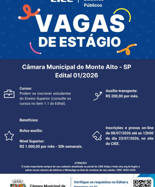 Monte Alto prorroga prazo de inscrições para seleção de estagiários na Câmara Municipal