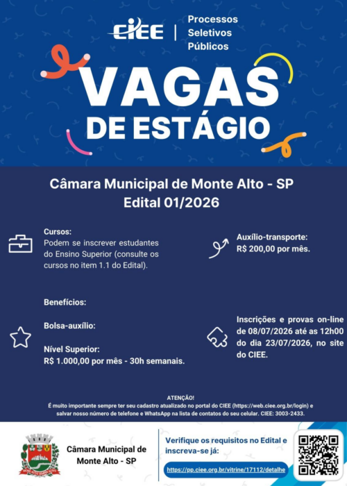 Monte Alto prorroga prazo de inscrições para seleção de estagiários na Câmara Municipal